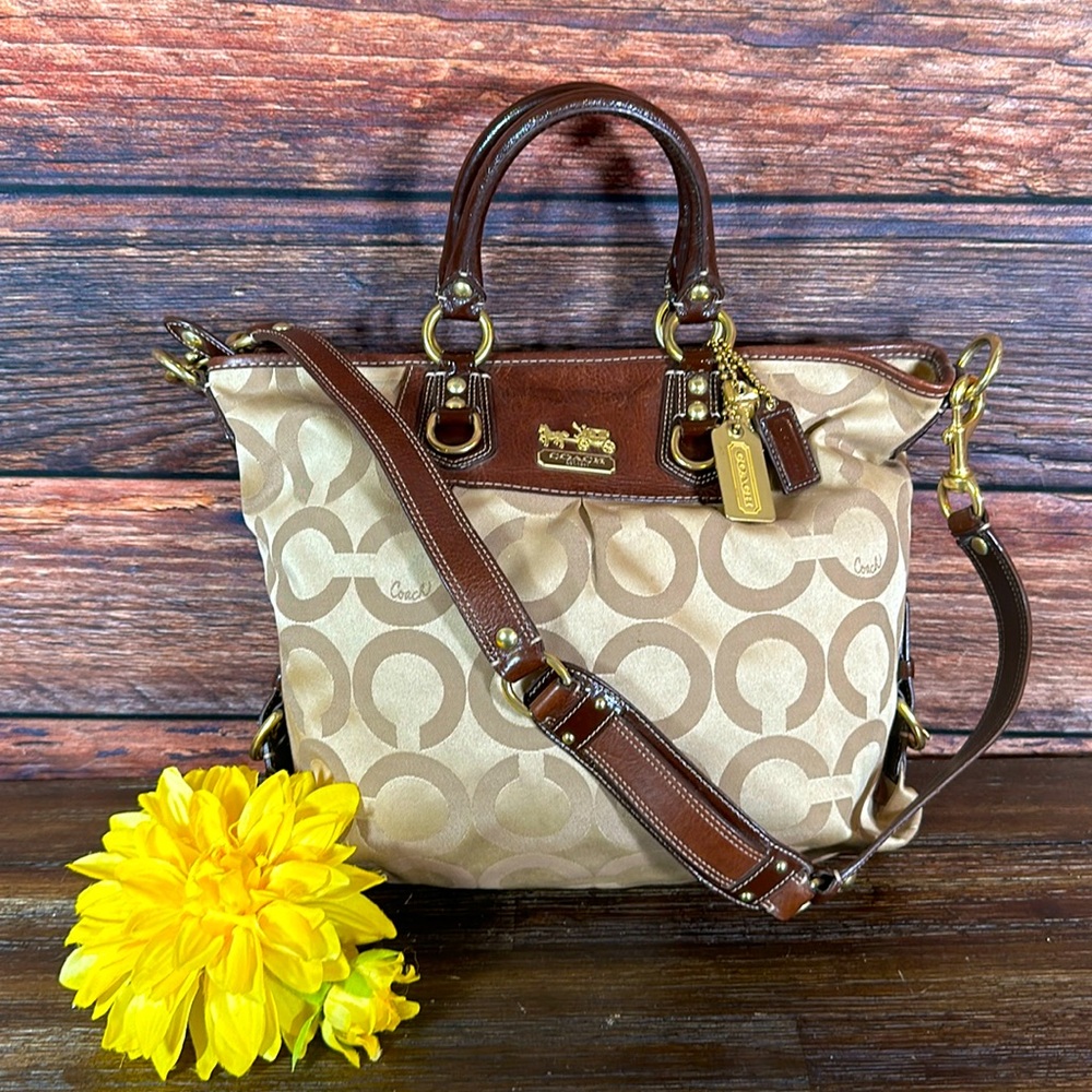 Coach Beige/Brown Op Art Canvas and Leather Julianne Hobo! In Great Condition!